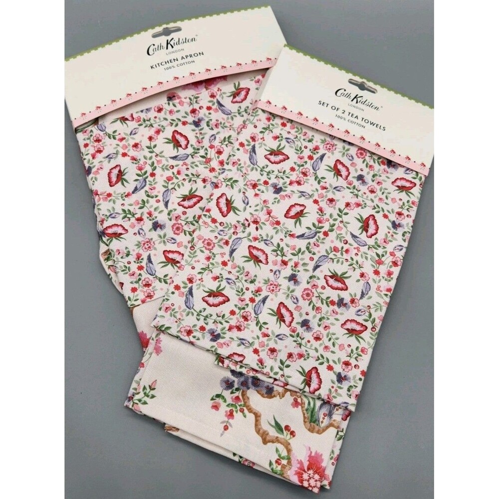 Cath Kidston Floral Apron and Tea Towel Lot 100% Cotton London Pink Cream New